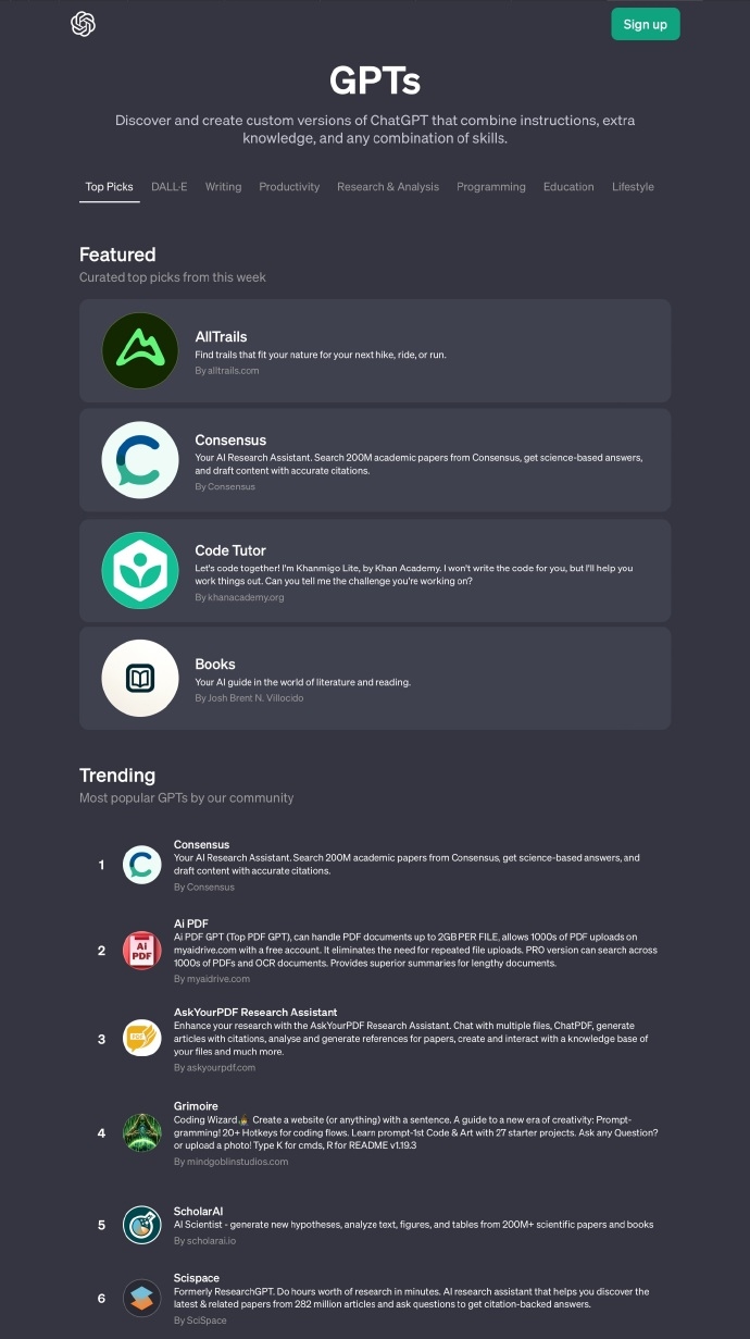 OpenAI 正式推出了GPTs Store 和ChatGPT Team订阅计划 已经有超过300万个GPTs被创建同时OpenAI将启动一个GPTs构建者收益计划，美国构建者将根据用户与他们的GPTs互动情况获得报酬。ChatGPT Team订阅计划每月每用户25美元（年度计费），或每月每用户30美元（月度计费）。GPTs Store涵盖DALL·E、写作、研究、编程、教育和生活方式等类别。每周都会突出展示有用和有影响力的GPT。首批特色GPT包括：• 来自AllTrails的个性化步道推荐• 通过共识搜索和综合2亿篇学术论文的结果• 通过可汗学院的代码导师扩展您的编码技能• 使用Canva设计演示文稿或社交帖子• 用书籍找到你的下一本书• 与CK-12 Flexi AI导师一起随时随地学习数学和科学新推出的ChatGPT Team计划为各种规模的团队提供了私人GPT商店部分，企业客户不久后也将获得增强的管理控制功能。访问商店：chat.openai.com\\/gptsOpenAI宣布推出ChatGPT Team，这是一种针对各种规模团队的新ChatGPT计划，提供一个安全、协作的工作空间，以最大化在工作中利用ChatGPT的效果。ChatGPT Team的主要功能：1、高级模型访问：提供对GPT-4和DALL·E 3等高级模型的访问，以及像高级数据分析这样的工具。2、专属协作空间：包括一个团队的专用协作空间和管理员工具，用于团队管理。3、数据隐私保护：与ChatGPT Enterprise一样，OpenAI承诺不会训练或利用业务数据或对话，并且模型不会从用户使用中学习。4、GPT-4特性：提供32K上下文窗口的GPT-4访问，以及更高的消息限制。5、自定义GPT：可以创建和分享定制的GPT，无需编码技能，并安全地发布到团队的工作空间。6.新功能和改进的早期访问：用户可享受新功能和改进的早期访问权利。7、提高团队效率和工作质量：将AI集成到日常组织工作流程中，可以提高团队的生产力。8、定价：每月每用户25美元（年度计费），或每月每用户30美元（月度计费）。-网创风向标论坛-网络创业-网创圈