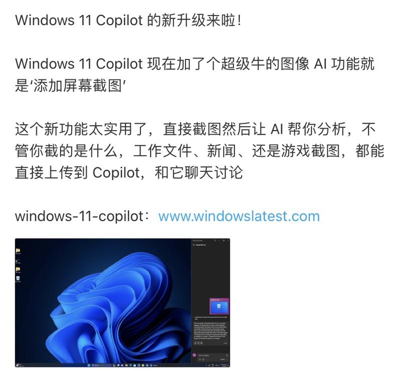 Windows 11 Copilot 的新升级，添加屏幕截图，不管你截的是什么，工作文件、新闻、还是游戏截图，都能直接上传到 Copilot，和它聊天讨论-网创风向标论坛-网络创业-网创圈